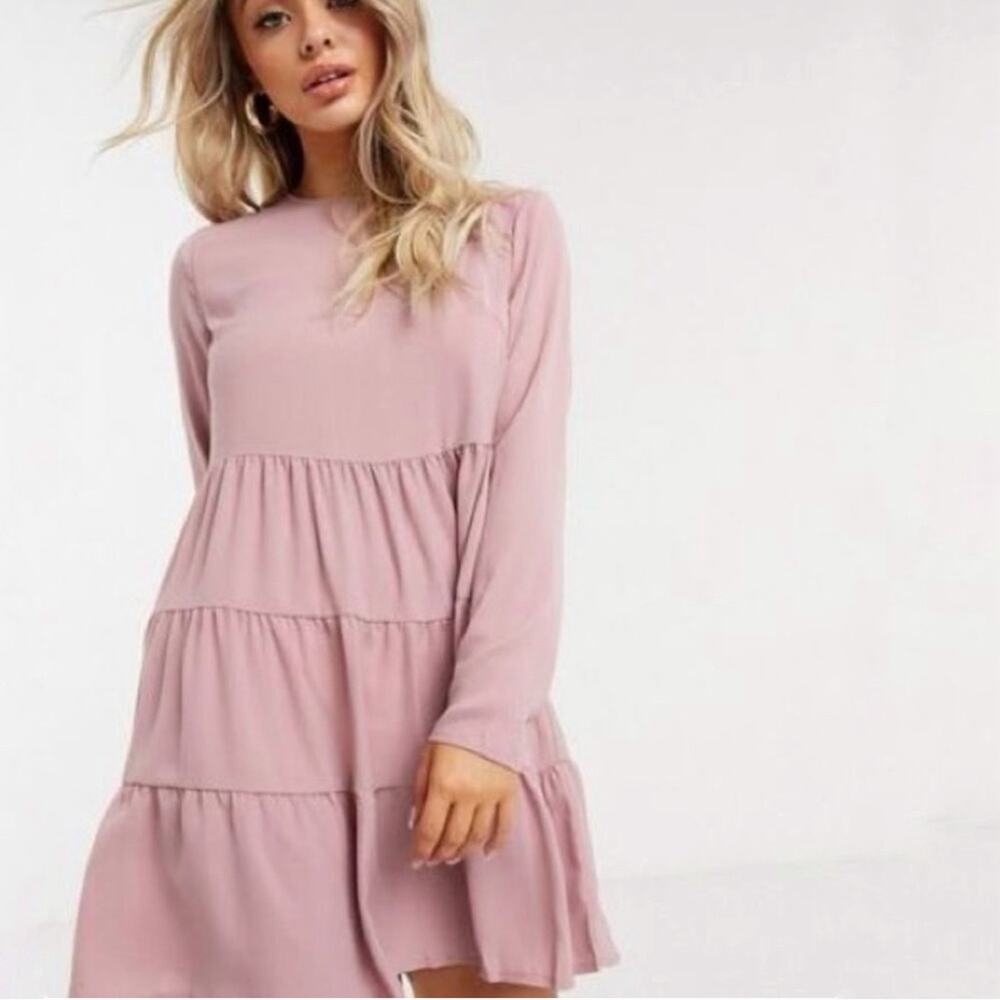 Missguided Blush Tiered Smock Long Sleeve Dress Sz 8 NWT